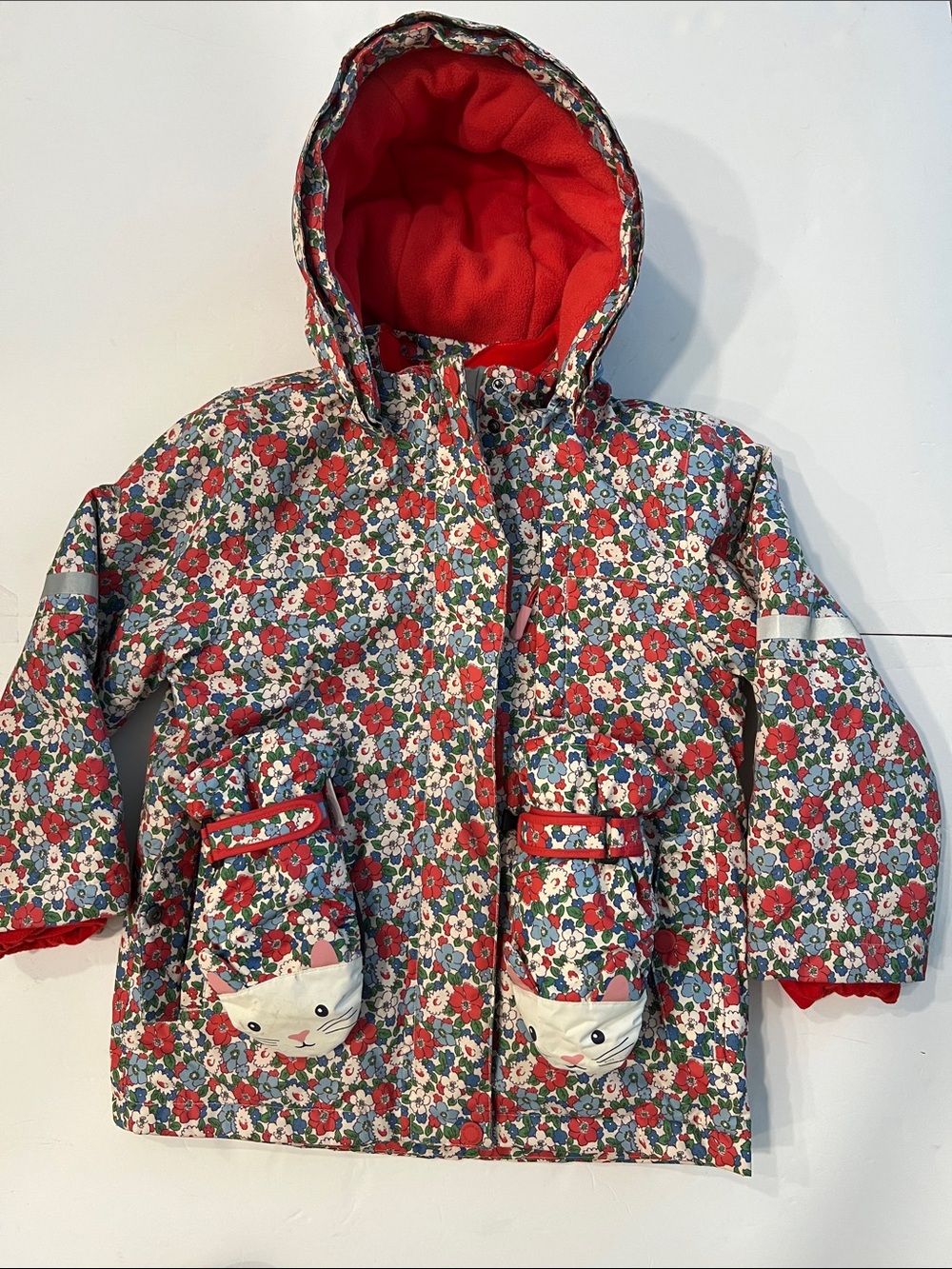 Mini Boden Floral Hooded Raincoat with Red Lining with matching mittens 6-7 yrs